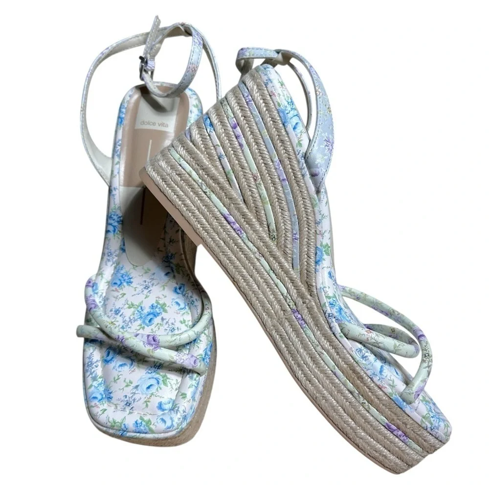 Dolce Vita Blue Floral Elvia Strappy Platform Wedge Sandals Womens 9.5